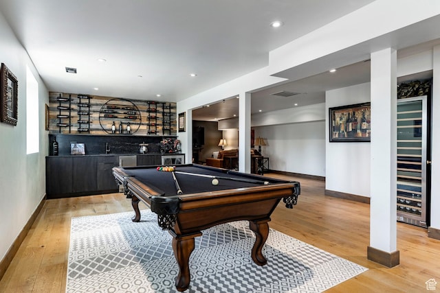 1766 W Arapaho Dr, Wanship, UT 84017 - rec room featuring a dry bar, light wood finished floors, billiards, beverage cooler, and recessed lighting