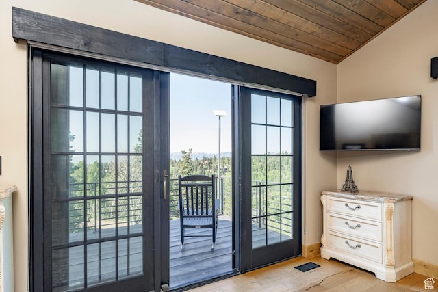 1766 W Arapaho Dr, Wanship, UT 84017 - doorway to outside with vaulted ceiling, light wood-type flooring, wood ceiling, and healthy amount of natural light