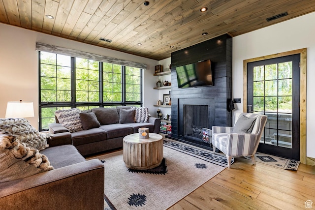 1766 W Arapaho Dr, Wanship, UT 84017 - living room with healthy amount of natural light, wood ceiling, wood finished floors, a large fireplace, and recessed lighting