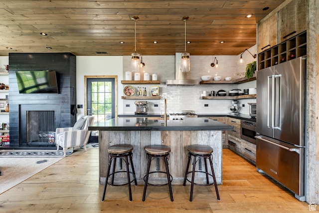 1766 W Arapaho Dr, Wanship, UT 84017 - kitchen featuring high quality fridge, open shelves, wood ceiling, dark countertops, and wall chimney range hood
