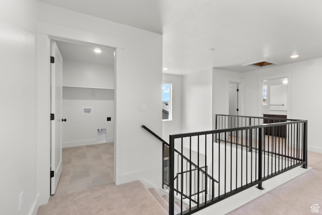 216 E 610 N, Providence, UT 84332 - hallway featuring an upstairs landing, attic access, recessed lighting, carpet flooring, and plenty of natural light