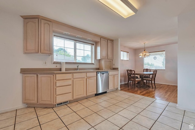 4683 W 3855 S, West Valley City, UT 84120 - kitchen featuring dishwasher, light brown cabinetry, a chandelier, and light wood-style floors