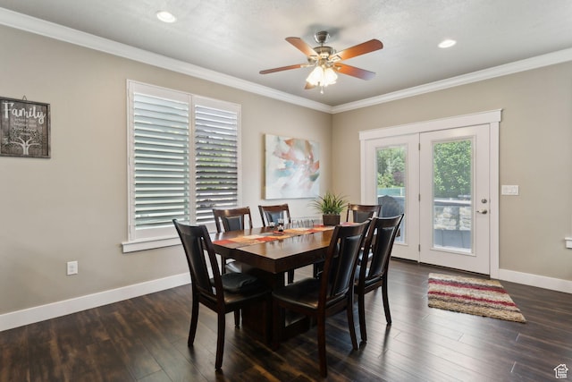 5673 S Wilson View Ct, Holladay, UT 84121 - dining room with ceiling fan, ornamental molding, dark wood-style floors, and recessed lighting