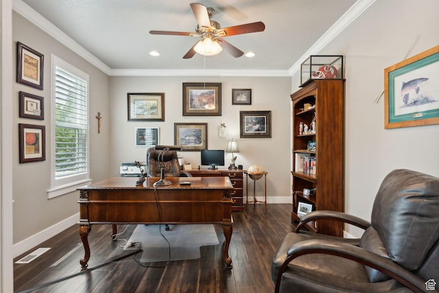 5673 S Wilson View Ct, Holladay, UT 84121 - office area featuring a ceiling fan, dark wood-type flooring, ornamental molding, and recessed lighting