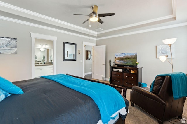 5673 S Wilson View Ct, Holladay, UT 84121 - bedroom featuring a tray ceiling, crown molding, ensuite bath, ceiling fan, and carpet floors