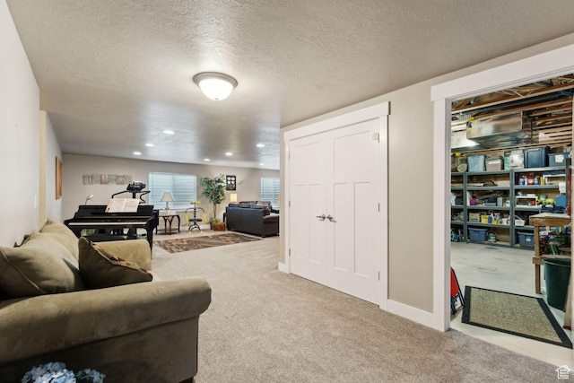 5673 S Wilson View Ct, Holladay, UT 84121 - carpeted living room featuring a textured ceiling and recessed lighting