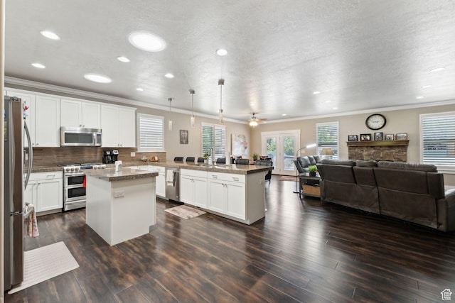 5673 S Wilson View Ct, Holladay, UT 84121 - kitchen featuring appliances with stainless steel finishes, open floor plan, a peninsula, healthy amount of natural light, and ornamental molding