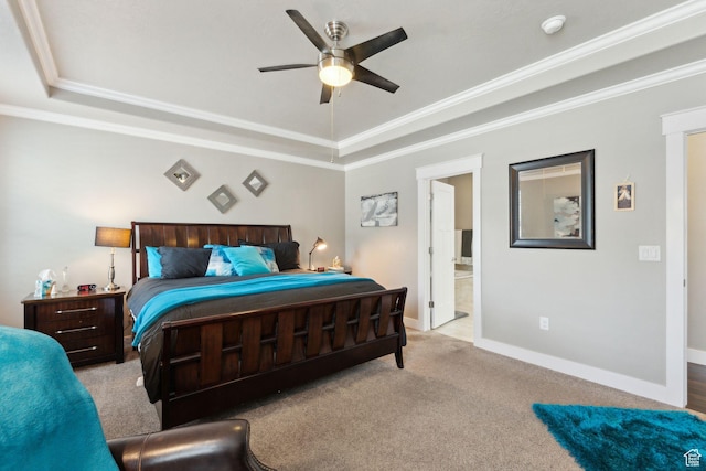 5673 S Wilson View Ct, Holladay, UT 84121 - bedroom with a tray ceiling, ornamental molding, carpet floors, ensuite bathroom, and ceiling fan