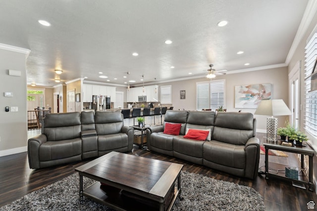 5673 S Wilson View Ct, Holladay, UT 84121 - living area with a ceiling fan, recessed lighting, dark wood-style floors, healthy amount of natural light, and ornamental molding