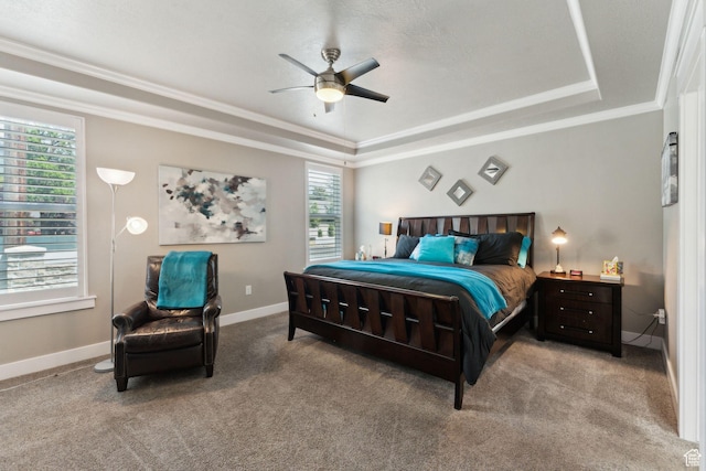 5673 S Wilson View Ct, Holladay, UT 84121 - bedroom with a tray ceiling, crown molding, light colored carpet, and ceiling fan