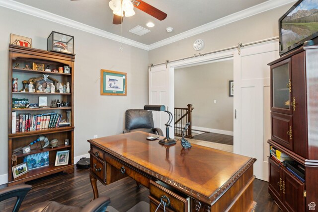 5673 S Wilson View Ct, Holladay, UT 84121 - office area featuring a barn door, a ceiling fan, dark wood-style flooring, and ornamental molding