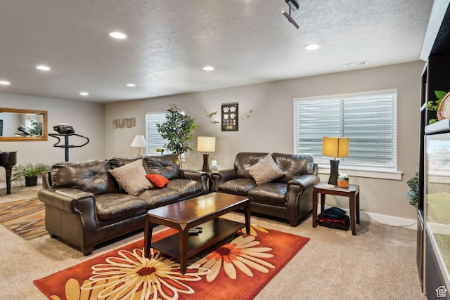 5673 S Wilson View Ct, Holladay, UT 84121 - living room featuring carpet flooring, recessed lighting, plenty of natural light, and a textured ceiling