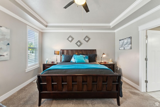 5673 S Wilson View Ct, Holladay, UT 84121 - bedroom featuring a tray ceiling, carpet flooring, crown molding, and a ceiling fan