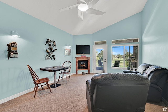 97 Hillsborough Dr, Pleasant View, UT 84414 - living room with light colored carpet, a glass covered fireplace, a ceiling fan, and high vaulted ceiling