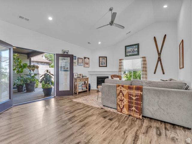 354 E 370 S, Kamas, UT 84036 - living area with ceiling fan, wood finished floors, lofted ceiling, recessed lighting, and a fireplace