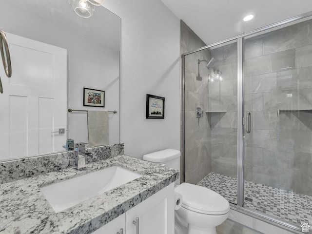 354 E 370 S, Kamas, UT 84036 - full bathroom featuring vanity, a stall shower, and recessed lighting