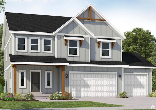 1089 E Blackfeet Dr Unit 518, Eagle Mountain, UT 84005 - view of front facade featuring a shingled roof, board and batten siding, driveway, and an attached garage
