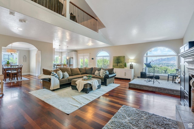 215 N Bald Mountain Dr E, Alpine, UT 84004 - living area featuring arched walkways, healthy amount of natural light, and dark wood-type flooring