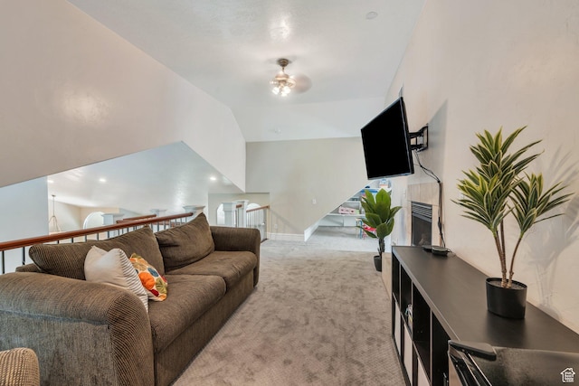 215 N Bald Mountain Dr E, Alpine, UT 84004 - living area with light colored carpet, ceiling fan, and vaulted ceiling