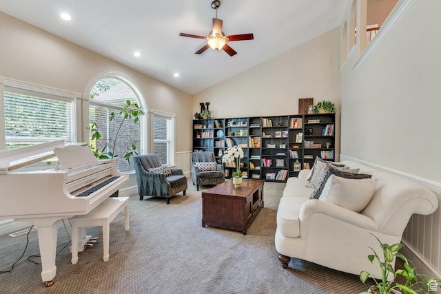 215 N Bald Mountain Dr E, Alpine, UT 84004 - living room featuring ceiling fan, carpet floors, recessed lighting, and high vaulted ceiling