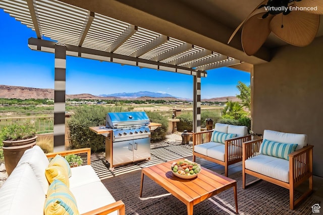 1410 W Ambassador Dr, St George, UT 84790 - view of patio featuring an outdoor hangout area, a mountain view, a pergola, and area for grilling