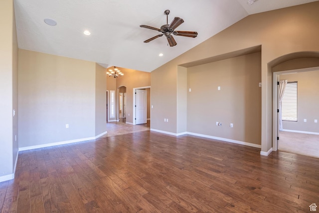 1410 W Ambassador Dr, St George, UT 84790 - spare room with arched walkways, ceiling fan, lofted ceiling, wood finished floors, and recessed lighting