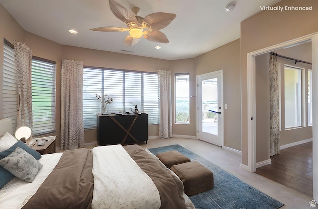 1410 W Ambassador Dr, St George, UT 84790 - bedroom featuring access to outside, a ceiling fan, recessed lighting, and light wood-type flooring