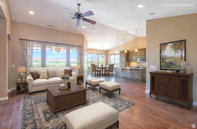 1410 W Ambassador Dr, St George, UT 84790 - living area with ceiling fan, light wood finished floors, recessed lighting, and high vaulted ceiling