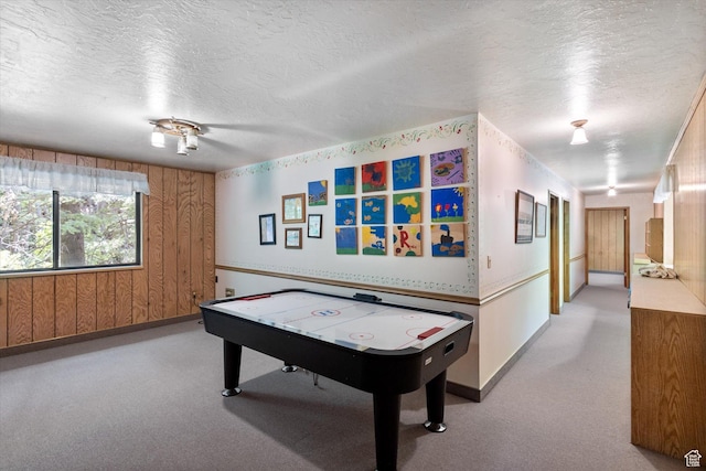 6907 E Mt Aire Rd, Salt Lake City, UT 84109 - recreation room featuring a textured ceiling, wood walls, and light carpet