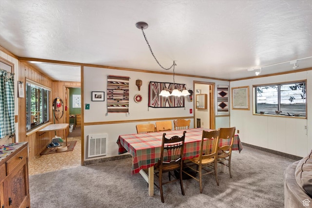 6907 E Mt Aire Rd, Salt Lake City, UT 84109 - carpeted dining area with wooden walls, a textured ceiling, and ornamental molding
