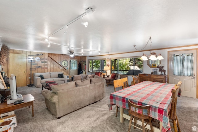 6907 E Mt Aire Rd, Salt Lake City, UT 84109 - carpeted living area with wooden walls, track lighting, and a ceiling fan