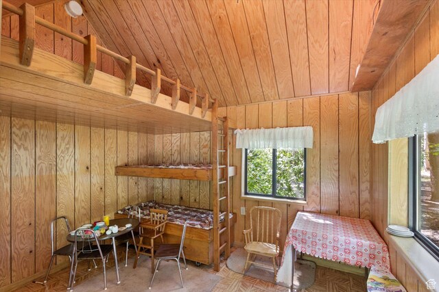 6907 E Mt Aire Rd, Salt Lake City, UT 84109 - bedroom with wood walls, radiator heating unit, vaulted ceiling, and wooden ceiling