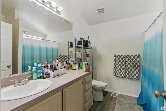 22 E Main St S, Eureka, UT 84628 - full bathroom featuring vanity, wood finished floors, curtained shower, and lofted ceiling