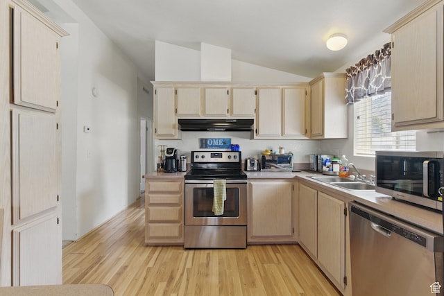 22 E Main St S, Eureka, UT 84628 - kitchen featuring stainless steel appliances, lofted ceiling, under cabinet range hood, light wood-style floors, and light countertops
