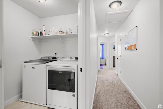 15129 S Halter Way, Bluffdale, UT 84065 - laundry area featuring washer and dryer, attic access, and light colored carpet