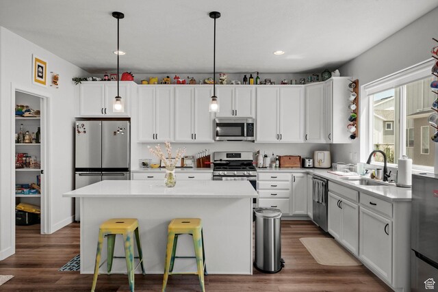 15129 S Halter Way, Bluffdale, UT 84065 - kitchen featuring appliances with stainless steel finishes, a kitchen island, dark wood finished floors, white cabinetry, and recessed lighting
