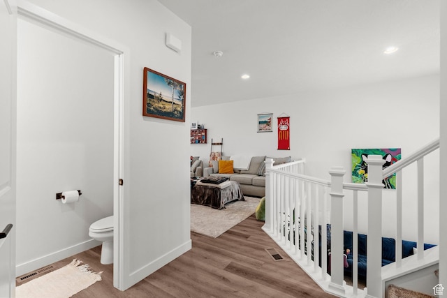 15129 S Halter Way, Bluffdale, UT 84065 - hall with wood finished floors, recessed lighting, and an upstairs landing
