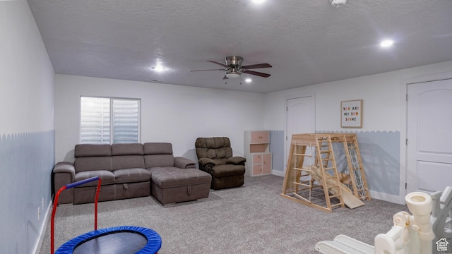 15113 S Bright Stars Dr, Bluffdale, UT 84065 - carpeted living area featuring a ceiling fan, recessed lighting, and a textured ceiling