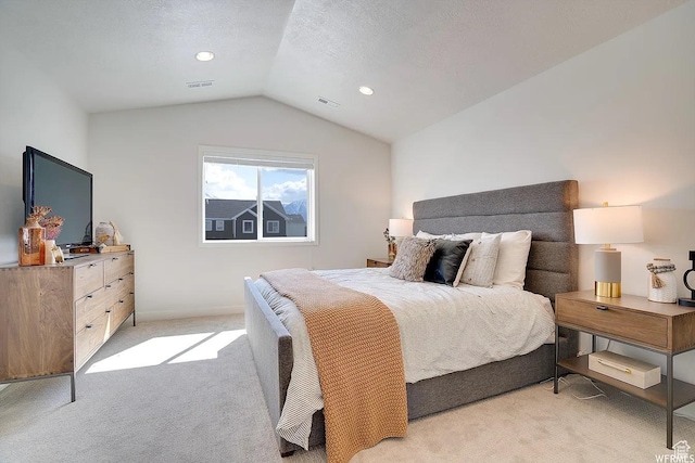 856 S 250 W, American Fork, UT 84003 - bedroom with light carpet, vaulted ceiling, recessed lighting, and a textured ceiling