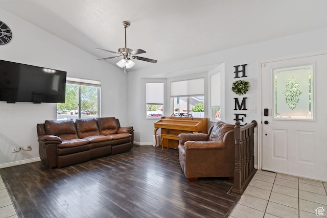 4139 N Mountain View Dr E, Eagle Mountain, UT 84005 - living room featuring a ceiling fan, vaulted ceiling, and light wood-style flooring
