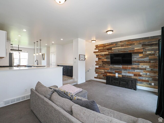 1051 W Narrows Ln S, Bluffdale, UT 84065 - living room with dark colored carpet and recessed lighting
