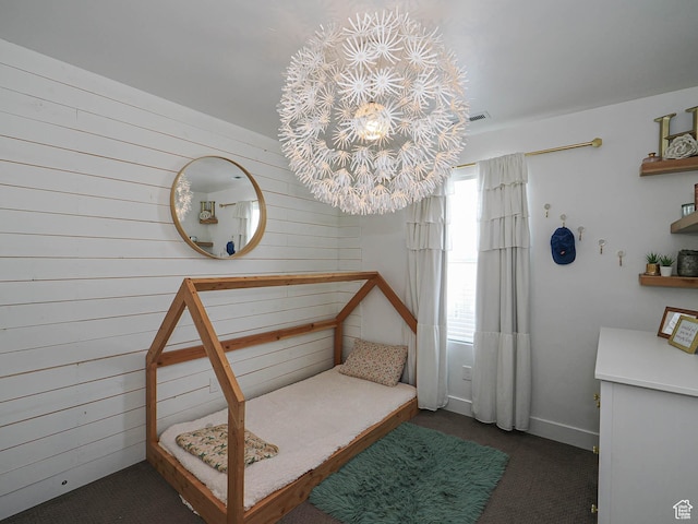 1051 W Narrows Ln S, Bluffdale, UT 84065 - bedroom featuring wood walls, carpet, and a chandelier