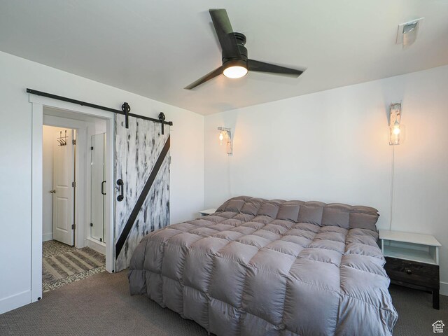 1051 W Narrows Ln S, Bluffdale, UT 84065 - bedroom featuring a barn door, carpet floors, and a ceiling fan