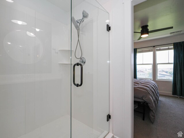 1051 W Narrows Ln S, Bluffdale, UT 84065 - ensuite bathroom featuring a shower stall and a ceiling fan