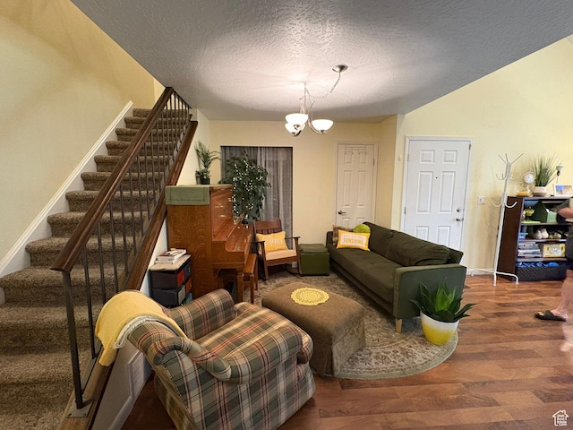 8158 S Cottonwood Hills Cir, Sandy, UT 84094 - living room with stairs, a textured ceiling, wood finished floors, and a chandelier