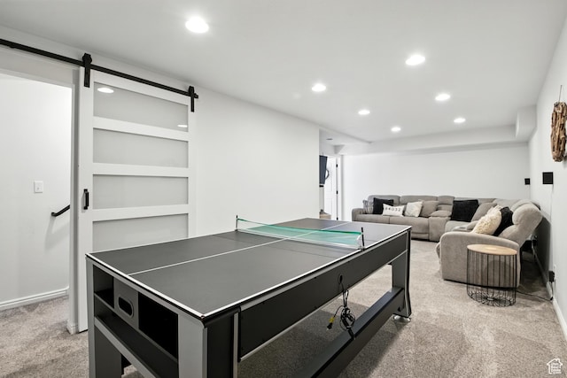 2265 Casperville Rd, Heber City, UT 84032 - game room featuring light colored carpet, a barn door, and recessed lighting