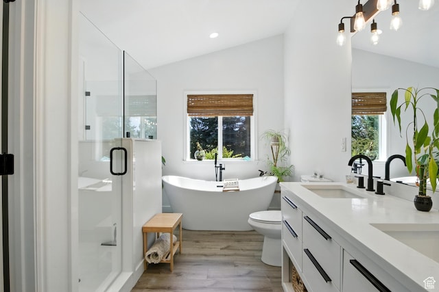 2265 Casperville Rd, Heber City, UT 84032 - full bathroom featuring vaulted ceiling, double vanity, wood finished floors, a shower stall, and a soaking tub