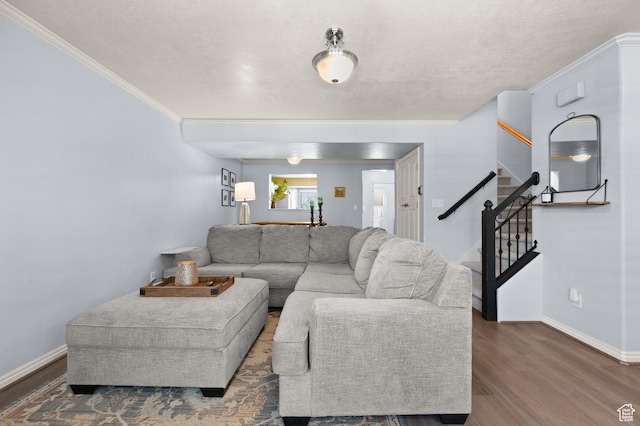 176 S Geneva Dr, Midway, UT 84049 - living area with stairs, crown molding, wood finished floors, and a textured ceiling