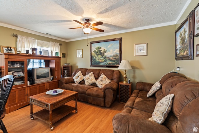 125 S Main St, Centerfield, UT 84622 - living room with a textured ceiling, light wood-style flooring, ceiling fan, and ornamental molding