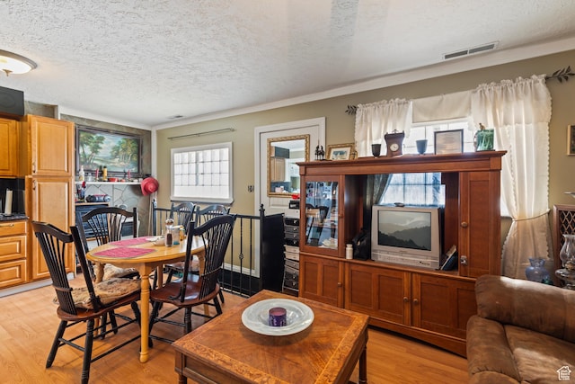 125 S Main St, Centerfield, UT 84622 - living room featuring a textured ceiling, light wood-style flooring, and crown molding